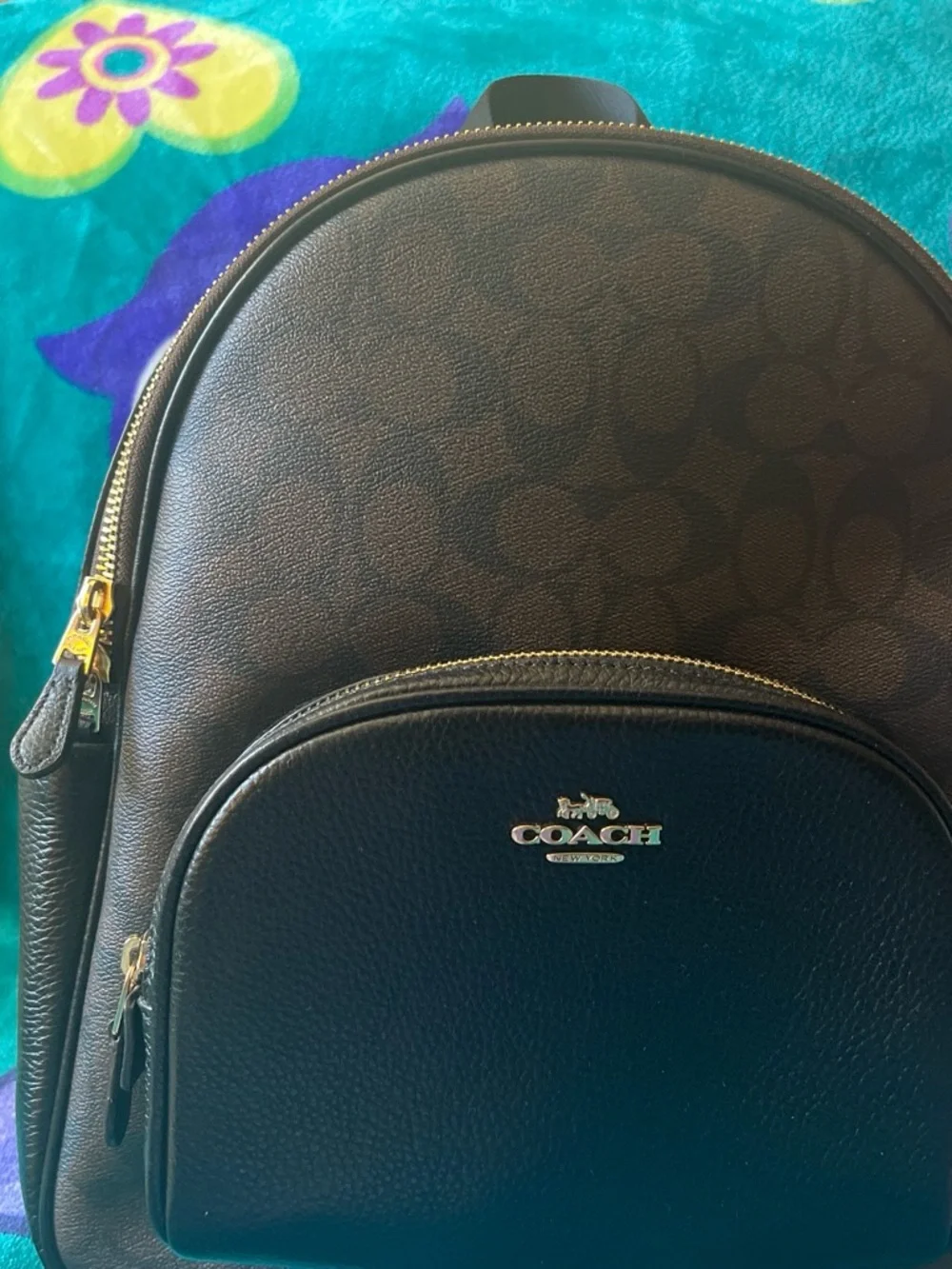 Coach Signature Canvas Backpack in Brown with Black Pocket